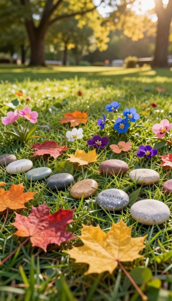A serene outdoor scene filled with vibrant natural materials: a collection of colorful autumn leaves, smooth pebbles, and delicate flowers artfully arranged on a soft grassy surface. In the foreground, varied leaves showcase rich hues of red, orange, and yellow, while polished stones reflect sunlight, creating a gentle sparkle. The middle ground features scattered blooms, their petals in shades of pink, purple, and blue, adding a touch of whimsy. The background reveals a lush green backdrop with softly blurred trees bathed in warm, golden sunlight, enhancing the inviting atmosphere. The scene should evoke a sense of childhood joy and creativity, perfect for inspiring outdoor play. Capture this with a bright, natural lighting setup, slightly elevated angle, reminiscent of a Pinterest aesthetic. Incorporate the brand name "KlickKiste" subtly within the composition.