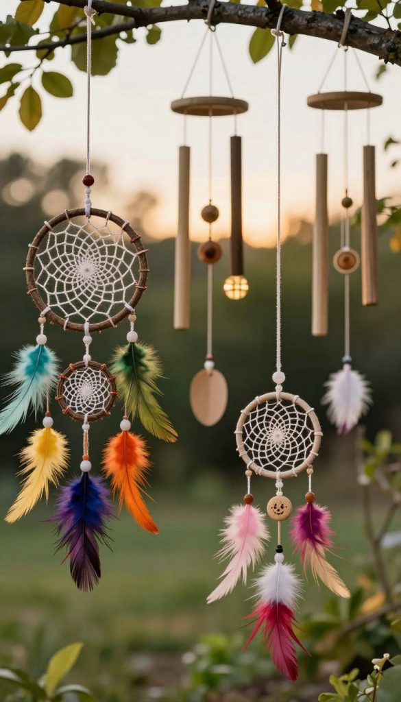 A serene outdoor scene showcases a collection of wind chimes and dream catchers artfully crafted from twigs and natural materials, embodying a Pinterest-inspired aesthetic. In the foreground, intricately designed dream catchers hang suspended from slender branches, adorned with colorful feathers and vibrant leaves. The middle ground features an assortment of wind chimes, gently swaying in a soft breeze, capturing glimpses of sunlight that create warm, inviting colors. The background includes lush greenery and a hint of a tranquil sky, enhancing the atmosphere of creativity and calm. The scene is illuminated with soft, golden lighting, evoking a sense of inspiration and authenticity. This enchanting image reflects the theme of DIY nature crafts for children, proudly representing the brand "KlickKiste."