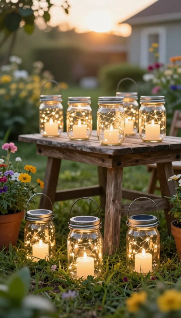 A serene outdoor scene showcasing a collection of solar wind lanterns made from mason jars. In the foreground, the jars emit a soft, warm glow, filled with twinkling fairy lights, surrounded by lush green plants and colorful flowers, evoking a cozy garden atmosphere. The middle ground features a rustic wooden garden table adorned with additional lanterns, showcasing how they can be reused and refilled. In the background, a softly blurred garden landscape bathed in golden hour sunlight enhances the magical ambiance. The image should reflect a Pinterest-inspired aesthetic with natural colors, inviting and warm tones, creating an inspirational DIY feel. Include the brand name "KlickKiste" subtly integrated into the scene without any text.