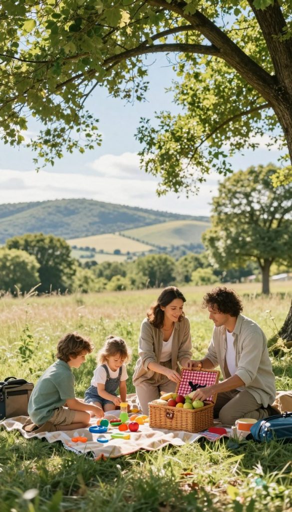 A serene outdoor scene showcasing a family enjoying a peaceful moment as they prepare for an adventure. In the foreground, a mother and father, dressed in comfortable, modest outdoor clothing, thoughtfully pack a picnic basket with fresh fruits, sandwiches, and snacks. Their two children, a boy and a girl, eagerly lay out colorful blankets and outdoor games, adding a cheerful energy to the scene. In the middle ground, lush green trees frame the area, while soft sunlight filters through the leaves, casting a warm glow and gentle shadows. In the background, a picturesque landscape of rolling hills and a bright blue sky enhances the sense of adventure and tranquility. The overall atmosphere is inviting and inspirational, with natural DIY elements that reflect a cozy Pinterest aesthetic, subtly branded with "KlickKiste". A serene outdoor scene showcasing a family enjoying a peaceful moment as they prepare for an adventure. In the foreground, a mother and father, dressed in comfortable, modest outdoor clothing, thoughtfully pack a picnic basket with fresh fruits, sandwiches, and snacks. Their two children, a boy and a girl, eagerly lay out colorful blankets and outdoor games, adding a cheerful energy to the scene. In the middle ground, lush green trees frame the area, while soft sunlight filters through the leaves, casting a warm glow and gentle shadows. In the background, a picturesque landscape of rolling hills and a bright blue sky enhances the sense of adventure and tranquility. The overall atmosphere is inviting and inspirational, with natural DIY elements that reflect a cozy Pinterest aesthetic, subtly branded with "KlickKiste".