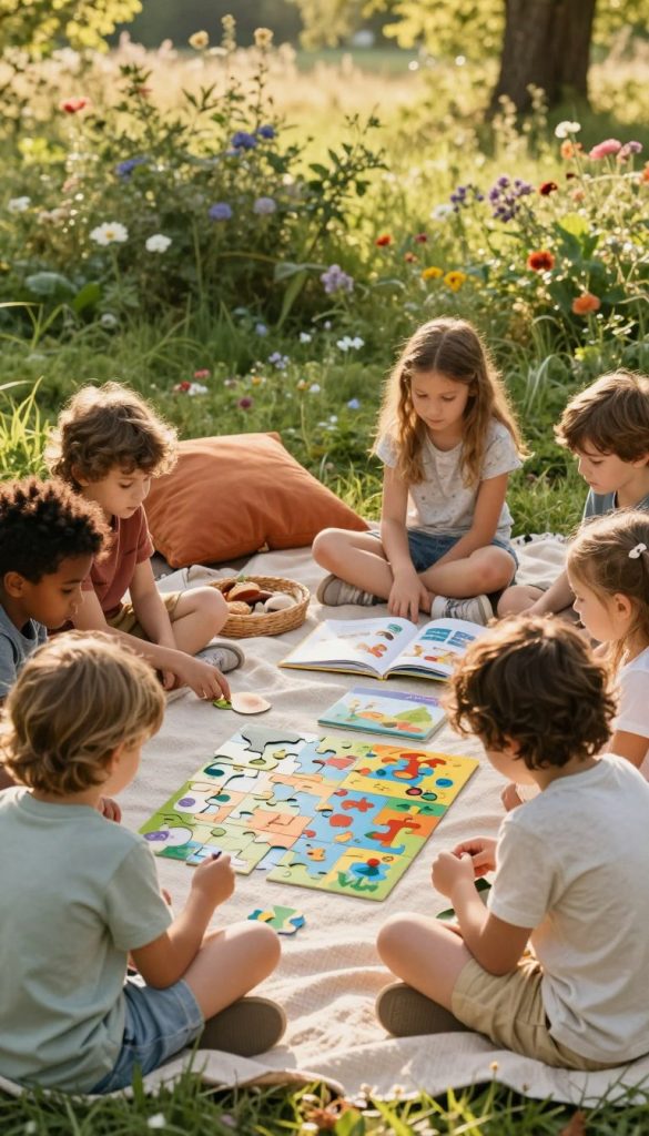 A serene outdoor scene showcasing children engaged in quiet games, emphasizing problem-solving, language, and storytelling activities. In the foreground, a group of diverse children of various ages is sitting on a blanket, deeply focused on a colorful puzzle and books filled with imaginative tales. In the middle, a small picnic setup with warm-toned cushions and natural materials complements the scene, enhancing the atmosphere of relaxation and creativity. The background features soft, lush greenery and scattered flowers, bathed in golden hour sunlight, creating a warm and inviting mood. The frame captures a slightly elevated angle, giving a sense of intimacy and connection. Include subtle branding elements of "KlickKiste" integrated into the scene, without any text or logos visible. Perfect for a Pinterest-inspired aesthetic of natural DIY charm. A serene outdoor scene showcasing children engaged in quiet games, emphasizing problem-solving, language, and storytelling activities. In the foreground, a group of diverse children of various ages is sitting on a blanket, deeply focused on a colorful puzzle and books filled with imaginative tales. In the middle, a small picnic setup with warm-toned cushions and natural materials complements the scene, enhancing the atmosphere of relaxation and creativity. The background features soft, lush greenery and scattered flowers, bathed in golden hour sunlight, creating a warm and inviting mood. The frame captures a slightly elevated angle, giving a sense of intimacy and connection. Include subtle branding elements of "KlickKiste" integrated into the scene, without any text or logos visible. Perfect for a Pinterest-inspired aesthetic of natural DIY charm.