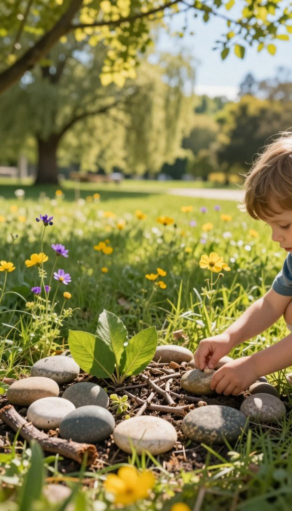 A serene outdoor scene showcasing diverse elements of nature, perfect for inspiring creativity in children. The foreground features a child-friendly arrangement of smooth stones, vibrant green leaves, and interesting twigs, inviting little hands to explore. In the middle ground, a lush, sun-dappled grassy area extends, dotted with wildflowers splashed in shades of yellow and purple. The background reveals a gently swaying tree line beneath a bright blue sky, adding to a sense of tranquility. Golden sunlight filters through the leaves, creating a warm, inviting atmosphere. The overall mood is cheerful and encouraging, perfect for sparking unique, nature-based play ideas. This image embodies the essence of "KlickKiste," focusing on natural DIY inspiration with a warm color palette, designed to resonate aesthetically with a Pinterest look.