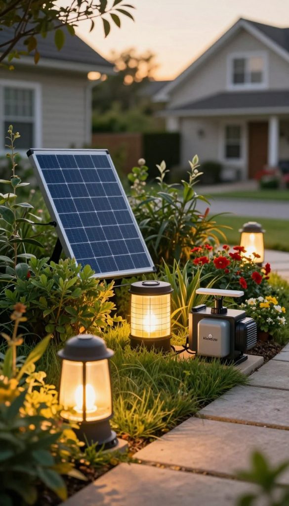 A serene outdoor scene showcasing various types of power sources for garden lighting: a modern solar panel elegantly set among lush greenery, a stylish battery pack with an inviting glow, and a low-voltage transformer discreetly nestled near vibrant flowers. In the foreground, a set of warm, ambient LED lights illuminates a charming garden pathway, creating a cozy atmosphere. The background features a soft-focus view of a suburban house, with gentle sunlight casting a golden hue on the scene, evoking a relaxed afternoon. The composition should reflect a natural, Pinterest-inspired aesthetic with warm colors, highlighting authenticity and inspiration. Include a subtle brand logo for "KlickKiste" integrated into the scene, ensuring it blends harmoniously. A serene outdoor scene showcasing various types of power sources for garden lighting: a modern solar panel elegantly set among lush greenery, a stylish battery pack with an inviting glow, and a low-voltage transformer discreetly nestled near vibrant flowers. In the foreground, a set of warm, ambient LED lights illuminates a charming garden pathway, creating a cozy atmosphere. The background features a soft-focus view of a suburban house, with gentle sunlight casting a golden hue on the scene, evoking a relaxed afternoon. The composition should reflect a natural, Pinterest-inspired aesthetic with warm colors, highlighting authenticity and inspiration. Include a subtle brand logo for "KlickKiste" integrated into the scene, ensuring it blends harmoniously.