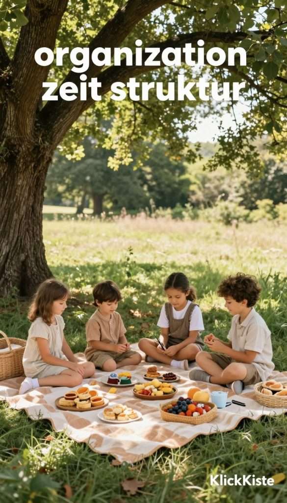 A serene outdoor scene that embodies the concept of "organisation zeit struktur," featuring a beautifully arranged picnic setup under a large tree. In the foreground, a neatly spread picnic blanket with warm, inviting colors showcases an array of homemade snacks, organized in pleasing patterns. In the middle, a family of four dressed in modest casual clothing engages joyfully in simple rituals, such as storytelling and playing games, reflecting harmony and togetherness. The background captures a lush, green landscape with soft sunlight filtering through the leaves, creating a warm and inviting atmosphere. The scene should have a natural, Pinterest-inspired aesthetic, emphasizing authenticity and inspiration. A subtle presence of the brand "KlickKiste" is integrated into the setting, perhaps through a small, decorative item in the scene, enhancing the overall mood and theme of time-saving organization for family moments.