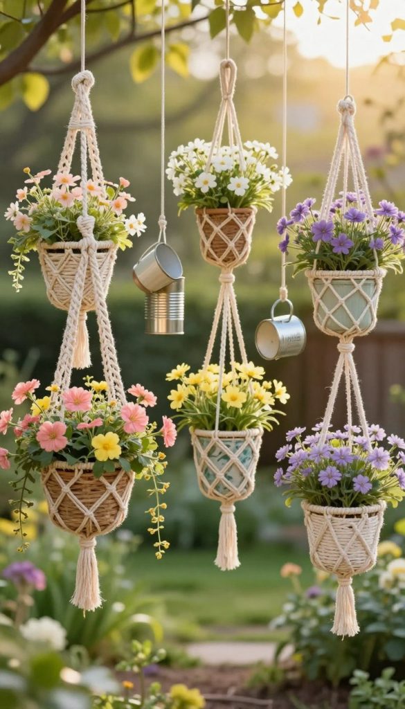 A serene outdoor setting featuring a variety of spring flower hanging planters, showcasing Boho, Upcycling, and unique suspensions. In the foreground, vibrant planters filled with blooming flowers in warm hues of pink, yellow, and lavender cascade down from woven macramé hangers. The middle of the scene presents creatively repurposed containers, like old teacups and tin cans, artfully arranged with delicate blooms. The background features a garden with soft-focus greenery and a gentle sunlight filtering through the leaves, casting a warm glow. The overall atmosphere is inspiring and authentic, reminiscent of Pinterest aesthetics, perfect for a DIY spring decor theme. The branding "KlickKiste" is subtly integrated into the scene.