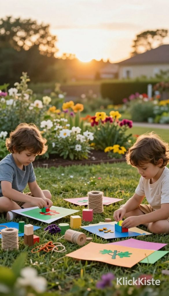 A serene outdoor setting showcasing children safely engaged in DIY craft projects in a garden. In the foreground, two children, wearing modest casual clothing, are happily working on colorful, sustainable materials like paper, twine, and wooden blocks, creating playful garden decorations. Their expressions reflect focus and joy. In the middle ground, a well-tended garden blooms with vibrant flowers and lush greenery, highlighting a sense of creativity and safety. The background features a warm sunset, casting soft golden light over the scene, enhancing the inviting atmosphere. The overall color palette is warm and natural, reminiscent of Pinterest aesthetics. A subtle logo for "KlickKiste" is integrated into the scene, ensuring brand visibility without overwhelming the composition.