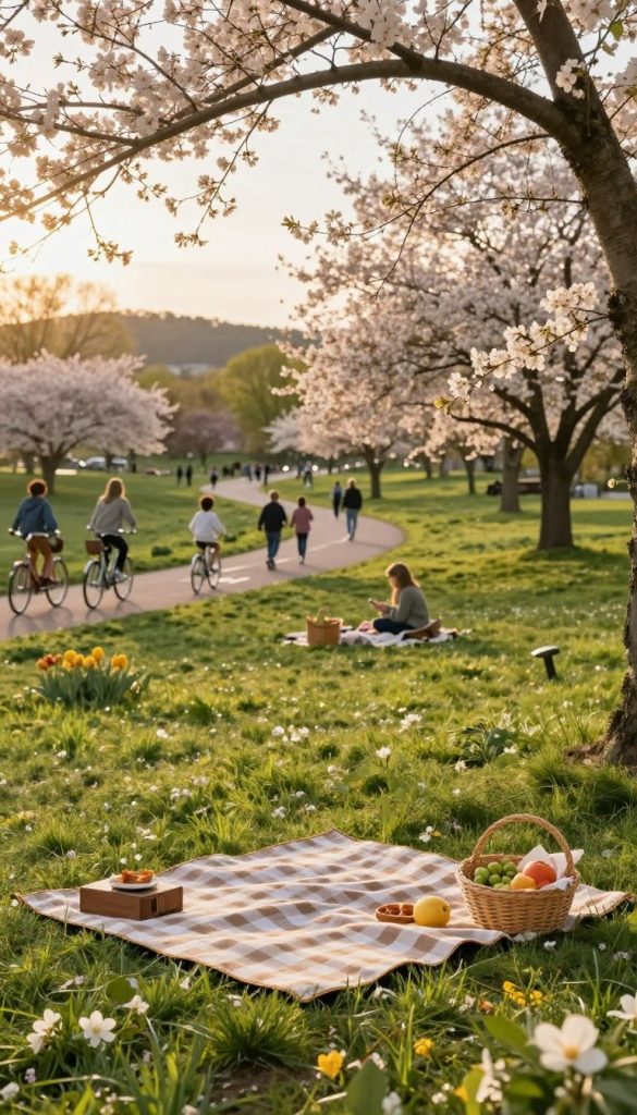 A serene park scene in spring, capturing the essence of nature with vibrant green grass and blooming flowers. In the foreground, a charming wooden picnic setup with a checkered blanket and a basket filled with fresh fruits, evoking a sense of warmth and family togetherness. The middle ground features a winding path lined with trees and families enjoying leisurely strolls, some riding bicycles along a designated cycle path. In the background, gentle hills add depth, bathed in soft golden light from a late afternoon sun, creating a tranquil and inspiring atmosphere. The scene embodies a natural DIY aesthetic with warm colors, reminiscent of a Pinterest board, reflecting the brand KlickKiste in a harmonious and inviting way.