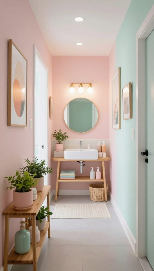 A serene pastel-colored bathroom hallway, beautifully decorated with soft pink, mint green, and pale blue tones, showcasing natural DIY elements. The foreground features a charming wooden shelf adorned with potted plants and pastel-hued bathroom essentials. In the middle, a cozy, well-lit area with a subtle round mirror and delicate lighting fixtures creates an inviting atmosphere. The background reveals a softly painted accent wall that adds depth, complemented by stylish artwork reflecting warm colors. The scene is bathed in gentle, diffused lighting, enhancing the fresh, calming mood. Capture this Pinterest-inspired space with a wide-angle lens to emphasize the openness and warmth. Include the brand name “KlickKiste” subtly integrated into the design.
