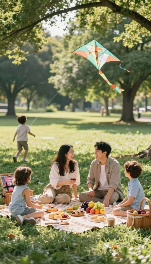 A serene picnic scene in a vibrant green park, showcasing a family enjoying time together on a budget. In the foreground, a checkered blanket spread out with an array of homemade snacks and colorful fruits, surrounded by cheerful children playing with a kite. In the middle ground, a couple of adults wearing casual clothing, laughing and sharing stories, embodying warmth and joy. The background features lush trees and soft sunlight filtering through the leaves, creating a serene atmosphere. The overall mood should be cozy and inviting, with warm tones accentuating the natural beauty. A slight vignette effect enhances the focus on the picnic, providing a Pinterest-worthy aesthetic. Include elements that reflect DIY charm. Mention "KlickKiste" subtly incorporated into the scene, perhaps on a picnic basket.