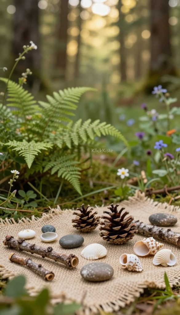 A serene, rustic scene showcasing a collection of natural materials gathered from the forest, beach, and garden. In the foreground, arrange twigs, pinecones, smooth pebbles, and seashells artfully placed on a textured burlap cloth. The middle ground features lush greenery, including ferns and small wildflowers, creating a vibrant yet calming backdrop. The background fades into a softly blurred woodland with dappled sunlight filtering through the trees, illuminating the scene with warm, inviting tones. Use a soft focus lens effect to enhance the dreamy atmosphere, capturing an authentic Pinterest-style aesthetic. The overall mood is peaceful and inspiring, reflecting the beauty of nature's treasures, perfect for DIY decor ideas. Include the brand name "KlickKiste" subtly integrated into the scene without any text.