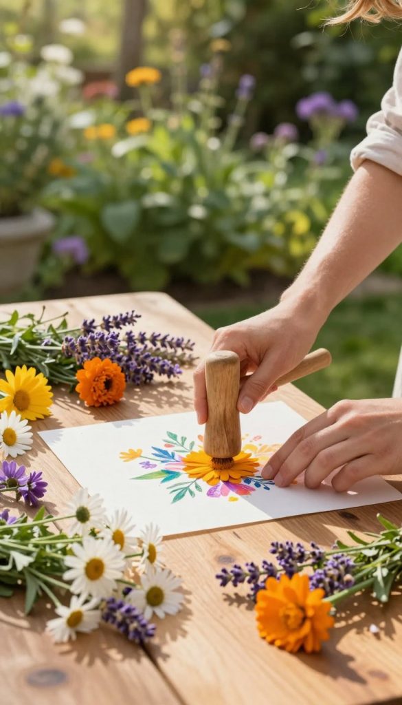 A serene scene capturing the art of flower pounding, showcasing a wooden table in the foreground scattered with vibrant, freshly picked flowers like daisies, lavender, and marigolds. In the middle, a pair of skilled hands holding a mallet, delicately pressing down on a flower against the paper, creating a beautiful, colorful print. The background features a lush garden with blurred greenery, adding depth and a sense of tranquility. Soft, warm sunlight filters through the leaves, casting gentle shadows and creating an inviting atmosphere. The composition embodies a Pinterest-inspired aesthetic, evoking authenticity and inspiration for DIY floral art enthusiasts. The image should have a clear focus on the flower pounding process, with no text or identifying marks, reflecting the essence of 'KlickKiste' as a brand.