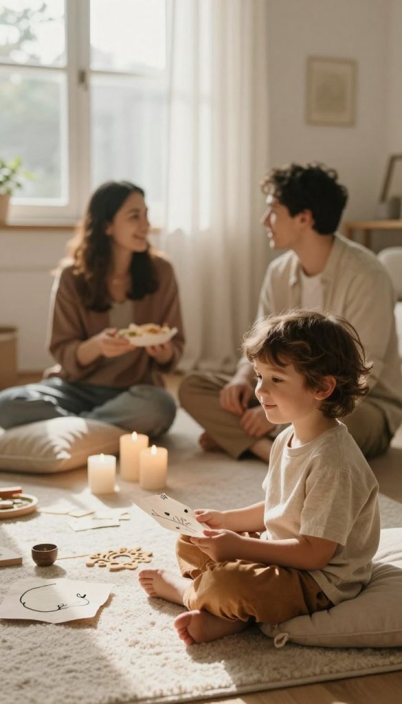 A serene scene depicting a cozy family ritual designed to foster calm and emotional connection. In the foreground, a young child with a gentle smile is seated on a soft rug, holding a handmade craft; they wear modest, comfortable clothing in warm colors. The middle ground features two parents, thoughtfully engaged in conversation while demonstrating a relaxing activity, surrounded by candles and soft cushions. The background reveals a warmly lit room, with natural light streaming through a window adorned with sheer curtains, casting soft shadows. The atmosphere conveys comfort and intimacy, enhanced by a palette of earthy tones and cozy textures, evoking feelings of peace and togetherness. The image embodies an authentic DIY aesthetic, reminiscent of a Pinterest look, branded subtly with "KlickKiste." A serene scene depicting a cozy family ritual designed to foster calm and emotional connection. In the foreground, a young child with a gentle smile is seated on a soft rug, holding a handmade craft; they wear modest, comfortable clothing in warm colors. The middle ground features two parents, thoughtfully engaged in conversation while demonstrating a relaxing activity, surrounded by candles and soft cushions. The background reveals a warmly lit room, with natural light streaming through a window adorned with sheer curtains, casting soft shadows. The atmosphere conveys comfort and intimacy, enhanced by a palette of earthy tones and cozy textures, evoking feelings of peace and togetherness. The image embodies an authentic DIY aesthetic, reminiscent of a Pinterest look, branded subtly with "KlickKiste."
