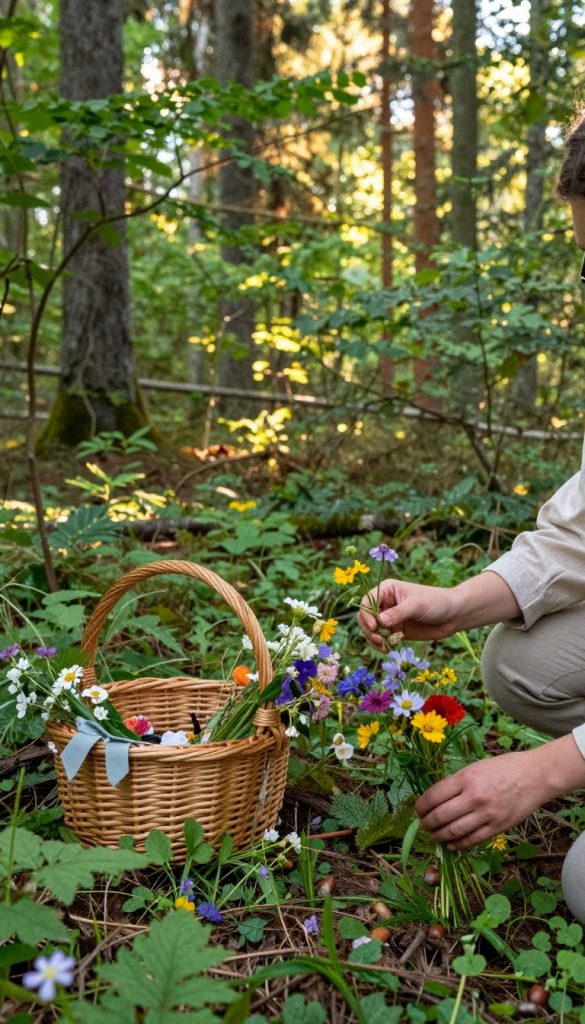 A serene scene set in a lush German forest, showcasing the practice of sustainable collecting from nature. In the foreground, a person dressed in modest casual clothing is carefully picking colorful wildflowers and acorns, embodying responsible foraging. The vibrant greens of the trees and soft earthy tones of the underbrush create a harmonious natural palette. In the middle ground, a small wicker basket brimming with gathered natural items reflects the joy of eco-friendly crafting. The background features towering trees and dappled sunlight filtering through the leaves, casting warm, inviting glows. The atmosphere is calm and inspiring, evoking a sense of connection to nature. The image should reflect the aesthetic of DIY decor with a Pinterest-inspired look. Include the brand name "KlickKiste" subtly integrated into the scene.