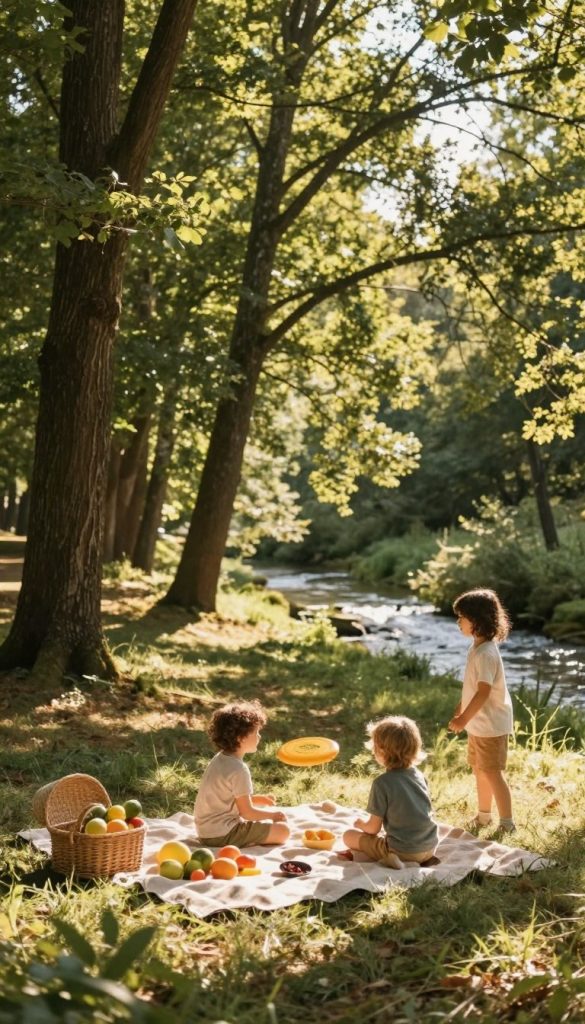 A serene "shadowed forest" scene reflecting the warmth of sunny days, perfect for family activities outdoors. In the foreground, a cozy picnic setup featuring a blanket, a wicker basket with fresh fruits, and a couple of children playing with a frisbee. The middle ground reveals tall, lush trees casting dappled sunlight onto the ground, while a soft breeze rustles the leaves, creating a tranquil environment. In the background, a gentle stream flows, adding a soothing sound to the scene. Use warm, inviting colors to emphasize the natural beauty and family-friendly atmosphere. The lighting should mimic late afternoon sun, creating a golden glow. The image is styled to evoke authenticity and inspiration, reflecting a DIY Pinterest aesthetic. Include the brand name "KlickKiste" as a subtle element in the scene, ensuring no text overlays distract from the imagery.