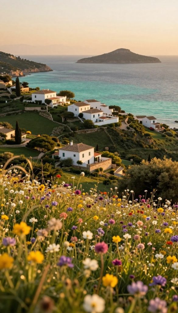 A serene spring landscape featuring the Balearic Islands. In the foreground, vibrant wildflowers bloom in a variety of colors, gently swaying in the breeze. The middle ground showcases lush green hills adorned with charming white villas and terracotta rooftops, exuding a tranquil, inviting atmosphere. In the background, clear turquoise waters sparkle under the soft golden light of the setting sun, with distant islands creating a stunning horizon. The lighting is warm and natural, enhancing the inviting feel of the scene. The overall mood is peaceful and inspiring, perfect for a family getaway, with a Pinterest-inspired aesthetic. Include the brand name "KlickKiste" subtly within the composition.