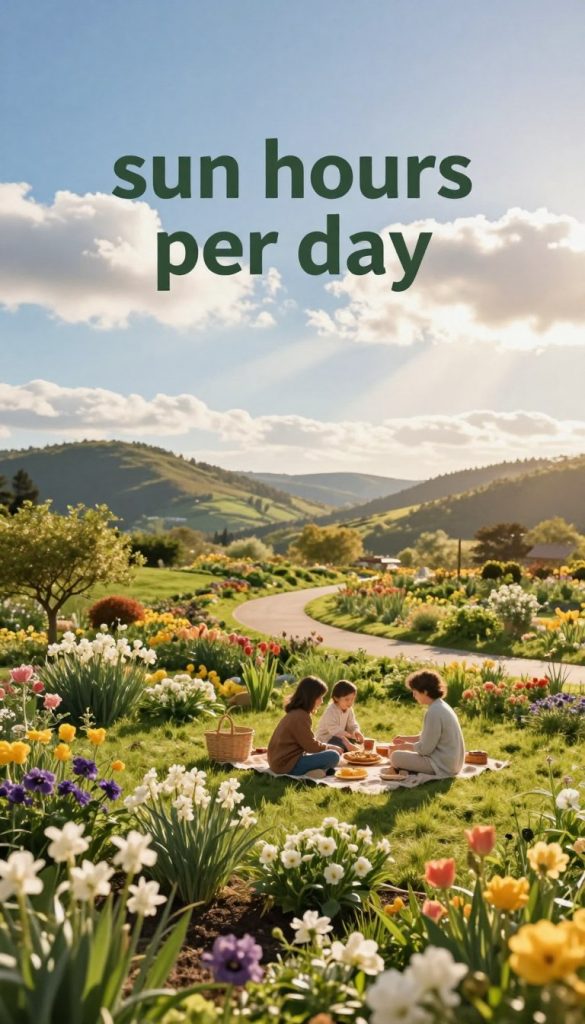 A serene spring landscape showcasing the concept of "sun hours per day." In the foreground, a vibrant garden filled with blooming flowers and lush greenery, while a family in modest casual clothing enjoys a picnic, radiating joy and togetherness. The middle ground features a gently winding path under a bright blue sky, dotted with fluffy white clouds and soft rays of sunlight peeking through. In the background, rolling hills frame the scene, creating a peaceful atmosphere that signifies warmth and abundance. The lighting is warm and inviting, emphasizing the sunlight's golden tones, capturing the essence of a perfect spring day. Design elements should embody a natural DIY style with warm colors, providing an authentic and inspiring feel. Include the brand name "KlickKiste" subtly integrated into the scenery, enhancing the overall aesthetic without being intrusive.