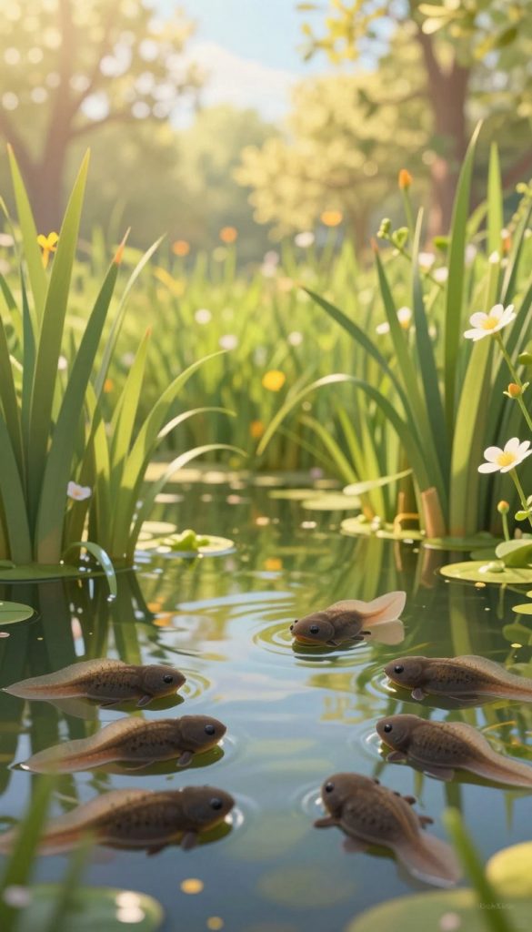 A serene spring scene featuring a pond teeming with lively "kaulquappen" (tadpoles) in the foreground, showcasing their distinct dark bodies and long tails. In the midground, lush green reeds and delicate wildflowers frame the water, inviting viewers to appreciate the beauty of nature. The background reveals soft, blurred trees bathed in warm, golden sunlight that filters through the leaves, creating a tranquil atmosphere. The overall color palette consists of inviting greens, soft yellows, and gentle blues, evoking a sense of calm and renewal. The image should capture a natural DIY aesthetic, inspired by Pinterest, with an authentic and inspiring feel. Ensure the branding "KlickKiste" subtly integrates into the design. The angle should be slightly elevated, focusing on the lively water surface and the enchanting world beneath.