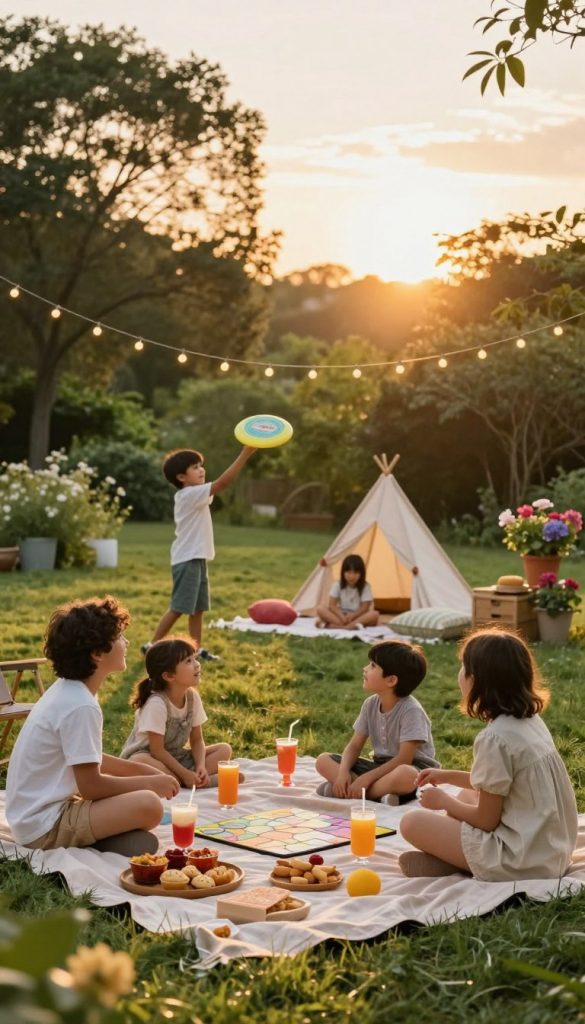 A serene summer evening scene captures a cozy family gathering in a lush backyard, illuminated by the warm golden hues of the setting sun. In the foreground, a picnic blanket is adorned with a vibrant spread of delicious homemade snacks and refreshing drinks. A smiling family of four, dressed in light, casual clothing, enjoys quality time together, engaged in playful activities like board games or storytelling. In the middle ground, playful children are seen tossing a frisbee or building a small fort with cushions, surrounded by potted flowers and fairy lights strung above. In the background, the soft silhouettes of trees sway gently in the warm breeze. The overall atmosphere is warm, inviting, and joyful, embodying the spirit of family togetherness on a summer night. Natural DIY aesthetics enhance the scene, reminiscent of a Pinterest inspiration, branded with the cheerful touch of "KlickKiste."