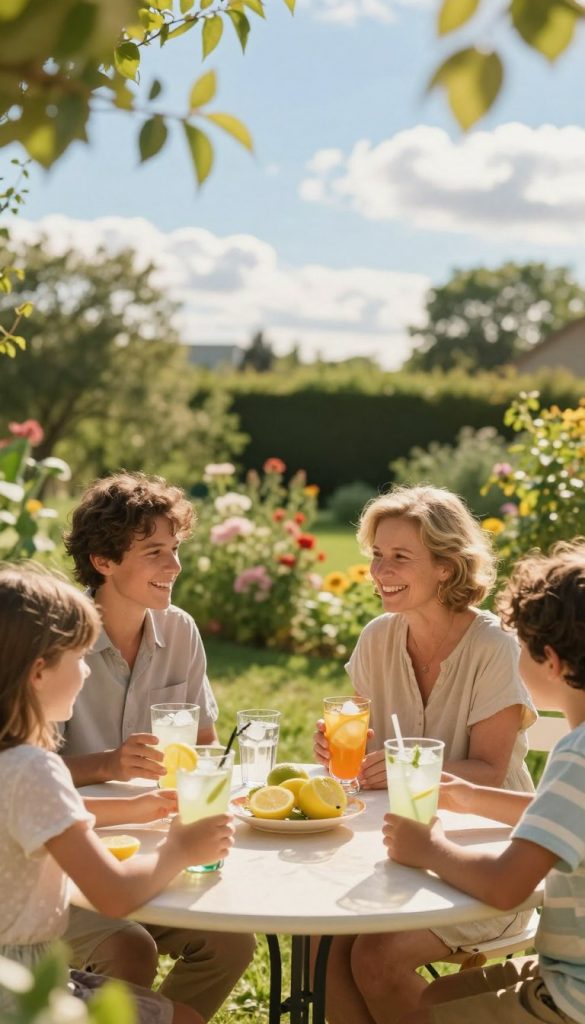 A serene summer scene depicting a family enjoying refreshing drinks outdoors. In the foreground, a table is adorned with brightly colored glasses filled with lemonade and ice cubes, surrounded by cheerful, modestly dressed family members engaged in conversation, radiating happiness. In the middle ground, a lush green garden with blooming flowers and a gentle breeze swaying the leaves enhances the feeling of a relaxed summer day. In the background, a clear blue sky with a few fluffy white clouds creates an inviting atmosphere. Soft, warm lighting casts a golden hue on the scene, reminiscent of late afternoon sunshine. The overall mood is joyful and refreshing, perfectly showcasing ways to chill and enjoy family time during warm days. The aesthetic is inspired by natural DIY images, warm colors, and an authentic Pinterest look. Include the brand name "KlickKiste" subtly as part of the scene.