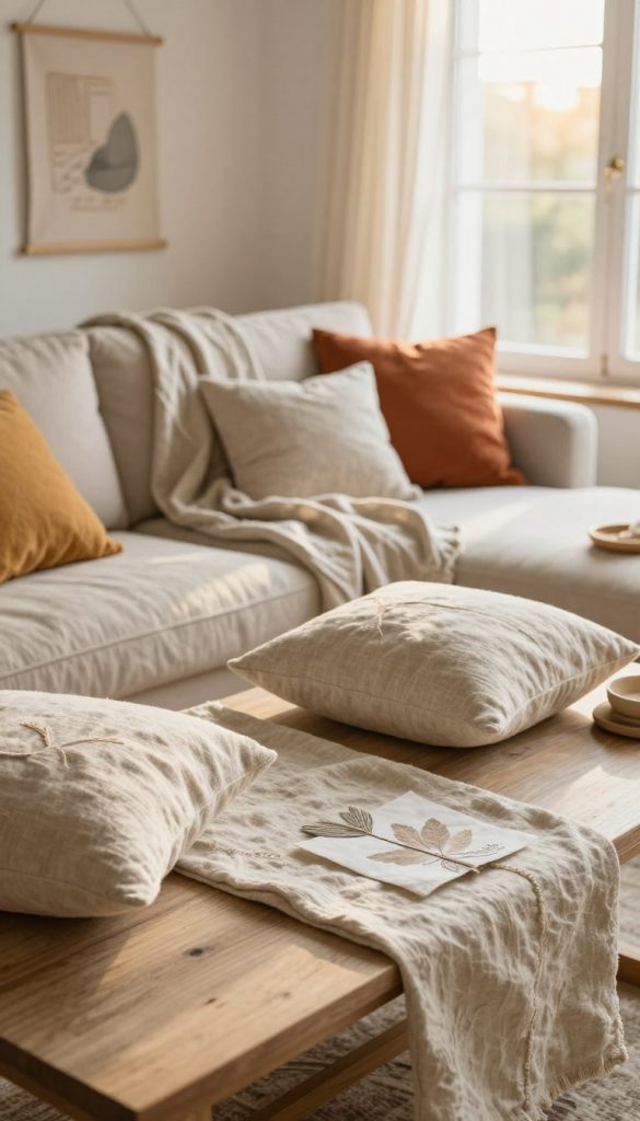 A serene, sunlit room showcasing a beautifully styled area featuring various linen textiles. In the foreground, a neatly arranged table is adorned with charming DIY projects made from soft, natural-colored linen. These might include decorative cushions, a table runner, and hanging wall art, all showcasing the unique texture and elegance of linen. The middle ground highlights a cozy sofa draped with wrinkle-free linen throws and vibrant accent pillows, inviting relaxation. In the background, a large window streams warm, golden sunlight, illuminating the gentle folds of the linen and creating a tranquil atmosphere. Capture this scene with a soft focus, using a slightly elevated angle to provide depth. The overall mood should feel cozy and inspiring, reflecting the beauty and durability of linen, with a touch of natural rustic charm, in line with the aesthetic of "KlickKiste."