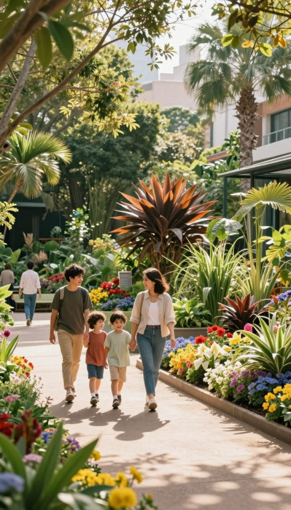 A serene view of a botanical garden in a city setting, showcasing vibrant greenery, colorful flowers, and inviting walking paths. In the foreground, a family of four enjoys a leisurely stroll, dressed in modest casual attire, exuding warmth and happiness. The middle ground features diverse flora, including exotic plants and blooming flower beds, while in the background, soft sunlight filters through the leaves, casting gentle shadows. The atmosphere is peaceful and inviting, perfect for family outings. The image captures a Pinterest-inspired aesthetic with warm colors and a natural DIY vibe, highlighting the joy of exploring budget-friendly family events. Brand representation of "KlickKiste" subtly integrated into the overall composition. A serene view of a botanical garden in a city setting, showcasing vibrant greenery, colorful flowers, and inviting walking paths. In the foreground, a family of four enjoys a leisurely stroll, dressed in modest casual attire, exuding warmth and happiness. The middle ground features diverse flora, including exotic plants and blooming flower beds, while in the background, soft sunlight filters through the leaves, casting gentle shadows. The atmosphere is peaceful and inviting, perfect for family outings. The image captures a Pinterest-inspired aesthetic with warm colors and a natural DIY vibe, highlighting the joy of exploring budget-friendly family events. Brand representation of "KlickKiste" subtly integrated into the overall composition.