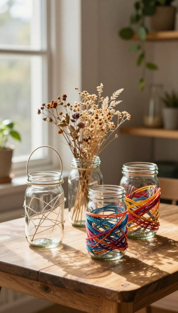A serene, warm-toned indoor scene showcasing an elegant arrangement of glass jars creatively adorned with colored wire and natural materials. In the foreground, three glass jars sit on a rustic wooden table, one featuring a delicate wire handle and twine, another filled with dried flowers, and the third artistically wrapped in vibrant colored wire. The middle layer features soft, natural light cascading through a nearby window, illuminating the jars and casting gentle shadows. In the background, hints of green foliage and simple wooden shelves add to the organic ambiance, evoking a cozy, Pinterest-inspired DIY atmosphere. The composition feels inviting and inspiring, perfect for encouraging upcycling creativity at home. Include subtle logos or branding elements of "KlickKiste" integrated into the decor. A serene, warm-toned indoor scene showcasing an elegant arrangement of glass jars creatively adorned with colored wire and natural materials. In the foreground, three glass jars sit on a rustic wooden table, one featuring a delicate wire handle and twine, another filled with dried flowers, and the third artistically wrapped in vibrant colored wire. The middle layer features soft, natural light cascading through a nearby window, illuminating the jars and casting gentle shadows. In the background, hints of green foliage and simple wooden shelves add to the organic ambiance, evoking a cozy, Pinterest-inspired DIY atmosphere. The composition feels inviting and inspiring, perfect for encouraging upcycling creativity at home. Include subtle logos or branding elements of "KlickKiste" integrated into the decor.