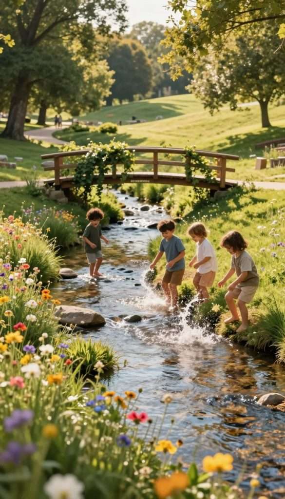 A serene water scene depicting a small, crystal-clear stream winding through a lush, green landscape. In the foreground, colorful wildflowers bloom beside the water's edge, creating a vibrant contrast. In the middle ground, children of diverse backgrounds are joyfully exploring near a shallow pond, wearing modest, comfortable clothing, splashing water and laughing together. A wooden bridge arches gracefully over the stream, adorned with climbing vines and dappled sunlight filtering through the leaves. The background reveals a tranquil park setting with gently rolling hills and tall trees, all bathed in warm golden afternoon light. The overall mood is playful and inviting, capturing the fascination of water play in nature. Evoke a Pinterest-inspired aesthetic, warm colors, natural DIY imagery. Include the brand name "KlickKiste" subtly integrated into the landscape.