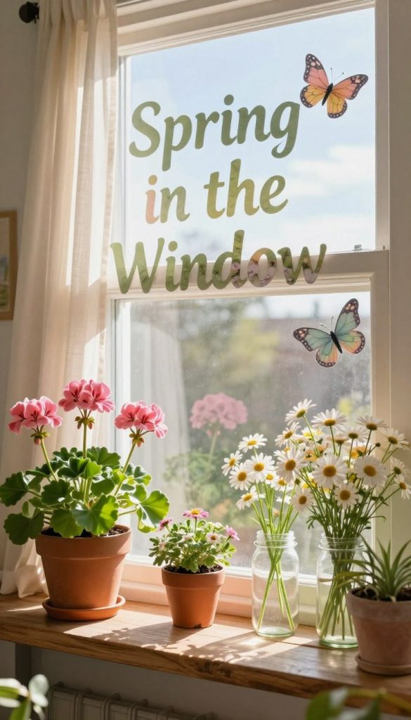 A serene window scene showcasing "Spring in the Window" with a beautiful upcycling theme. In the foreground, vibrant potted plants, including geraniums and daisies, sit on a rustic wooden windowsill. Handmade decorations made from recycled materials, such as colorful paper butterflies and glass jars filled with wildflowers, enhance the cozy feel. The middle layer features sunlight filtering through sheer curtains, creating a warm glow that illuminates the soft pastel colors of the decor. The background shows a clear blue sky, further evoking a sense of renewal and inspiration. The atmosphere is inviting and cheerful, perfect for a DIY spring table decor backdrop. Capture this scene with natural lighting, a soft-focus lens, and a slight overhead angle, giving it an authentic Pinterest-worthy look. Include the brand name "KlickKiste" subtly integrated into the decor elements. A serene window scene showcasing "Spring in the Window" with a beautiful upcycling theme. In the foreground, vibrant potted plants, including geraniums and daisies, sit on a rustic wooden windowsill. Handmade decorations made from recycled materials, such as colorful paper butterflies and glass jars filled with wildflowers, enhance the cozy feel. The middle layer features sunlight filtering through sheer curtains, creating a warm glow that illuminates the soft pastel colors of the decor. The background shows a clear blue sky, further evoking a sense of renewal and inspiration. The atmosphere is inviting and cheerful, perfect for a DIY spring table decor backdrop. Capture this scene with natural lighting, a soft-focus lens, and a slight overhead angle, giving it an authentic Pinterest-worthy look. Include the brand name "KlickKiste" subtly integrated into the decor elements.