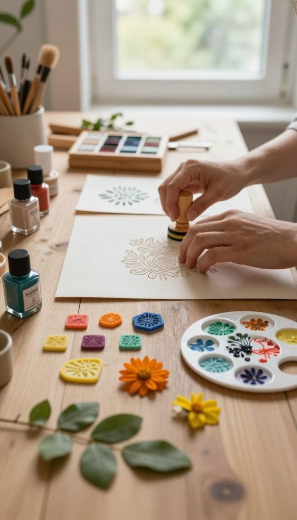 A serene workspace featuring DIY moosgummi stempel (foam stamps) crafted from natural materials. In the foreground, there's a wooden table scattered with various supplies: vibrant moosgummi pieces, a palette of natural inks, and an assortment of leaves and flowers for imprinting. Captured in warm, earthy tones, the middle layer shows hands gently pressing the moosgummi stamp onto handmade paper, showcasing intricate designs that evoke a sense of creativity. In the background, soft natural light streams through a nearby window, illuminating the workspace, with a touch of greenery visible outside, creating an inviting and inspiring atmosphere. This composition conveys an authentic, Pinterest-worthy aesthetic, perfect for showcasing the art of making unique natural stamps. "KlickKiste" branding subtly integrated into the workspace elements.