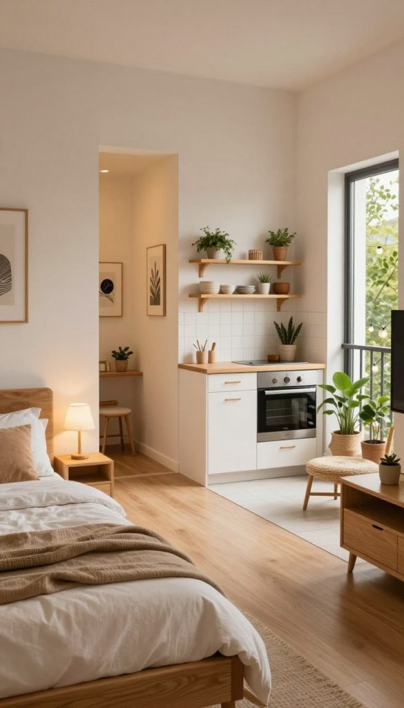 A series of cozy and minimalistic room ideas featuring a well-designed bedroom, hallway, kitchen, and balcony, each with a warm and inviting atmosphere. The foreground showcases a stylish bedroom with soft bedding, warm wood accents, and ambient lighting. In the middle, a bright, uncluttered kitchen with DIY decor elements like potted herbs and wooden shelves promotes a sense of homeliness. The hallway features calming colors and hung art pieces that reflect personality. In the background, a balcony with plants, a small seating area, and string lights creates an inviting outdoor space. The image should be captured with soft, natural lighting to emphasize the warmth of the rooms, mimicking a Pinterest aesthetic. Incorporate the brand name "KlickKiste" subtly in a corner.