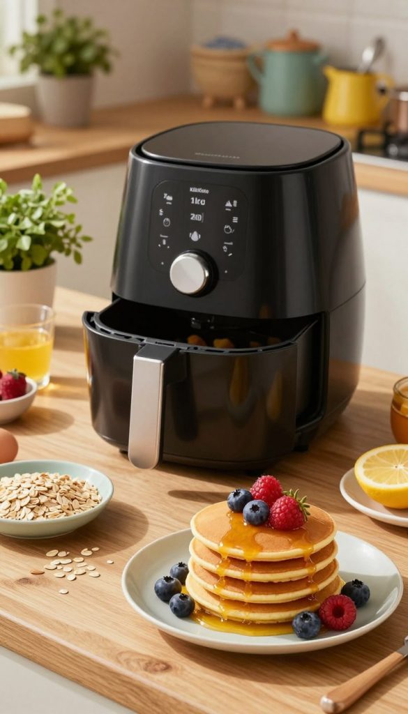 A sleek, modern air fryer on a wooden kitchen countertop, surrounded by a variety of colorful protein pancake ingredients like eggs, oatmeal, and fruit. In the foreground, a fluffy, golden stack of pancakes topped with fresh berries and a drizzle of honey, showcasing a healthy breakfast option for children. The warm, natural lighting creates an inviting atmosphere, casting soft shadows that highlight the texture of the pancakes. In the background, subtle hints of a cozy kitchen setting with potted herbs and colorful kitchenware, enhancing the Pinterest-inspired aesthetic. The image conveys a sense of warmth and inspiration, perfect for representing the convenience of using the KlikKiste air fryer for a quick, nutritious breakfast.