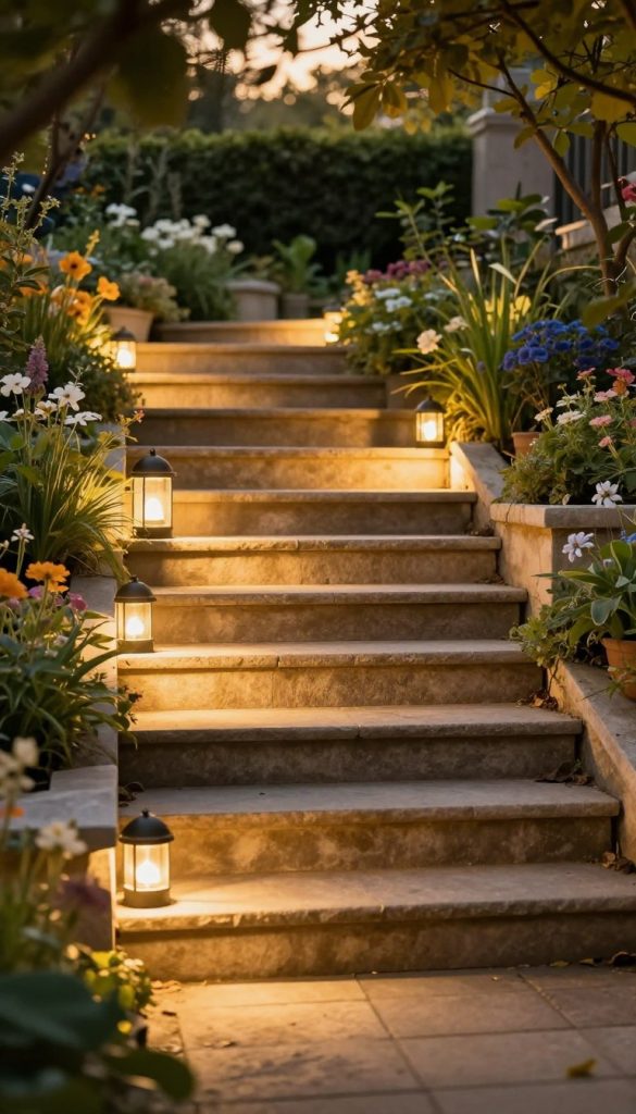 A softly lit outdoor stairway illuminated by warm, ambient garden lighting. The foreground features neatly arranged stone steps adorned with subtle, recessed LED lights that gently guide the viewer's gaze upward. In the middle layer, blooming flowers and lush greenery flank the steps, creating an inviting, natural atmosphere. The background reveals a tranquil garden setting, with soft shadows cast by trees, enhancing a sense of depth and serenity. The entire scene is bathed in a golden hour glow, giving a warm, cozy feel that inspires DIY creativity. Capture this visually stunning setting in a Pinterest-worthy style, emphasizing the brand "KlickKiste" through the elegant arrangement of lights and flora, all while ensuring a blend of beauty and functionality without any glaring blinding effects. A softly lit outdoor stairway illuminated by warm, ambient garden lighting. The foreground features neatly arranged stone steps adorned with subtle, recessed LED lights that gently guide the viewer's gaze upward. In the middle layer, blooming flowers and lush greenery flank the steps, creating an inviting, natural atmosphere. The background reveals a tranquil garden setting, with soft shadows cast by trees, enhancing a sense of depth and serenity. The entire scene is bathed in a golden hour glow, giving a warm, cozy feel that inspires DIY creativity. Capture this visually stunning setting in a Pinterest-worthy style, emphasizing the brand "KlickKiste" through the elegant arrangement of lights and flora, all while ensuring a blend of beauty and functionality without any glaring blinding effects.