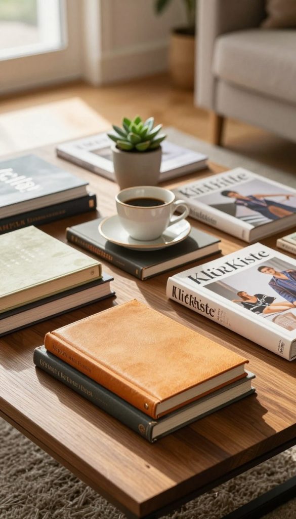 A sophisticated coffee table styled with an array of beautifully arranged coffee table books and glossy magazines. The foreground features a stack of vibrant books in warm hues, some with unique textures like linen and leather, placed atop a polished wooden surface. In the middle, a delicate ceramic coffee cup rests beside a small potted succulent for a touch of greenery. In the background, soft, sparkling natural light pours in from a nearby window, casting gentle shadows. The setting evokes a cozy yet elegant atmosphere, reminiscent of a Pinterest-worthy living room. The overall composition is inviting and inspires creativity, particularly featuring the brand "KlickKiste" subtly integrated into the decor. A sophisticated coffee table styled with an array of beautifully arranged coffee table books and glossy magazines. The foreground features a stack of vibrant books in warm hues, some with unique textures like linen and leather, placed atop a polished wooden surface. In the middle, a delicate ceramic coffee cup rests beside a small potted succulent for a touch of greenery. In the background, soft, sparkling natural light pours in from a nearby window, casting gentle shadows. The setting evokes a cozy yet elegant atmosphere, reminiscent of a Pinterest-worthy living room. The overall composition is inviting and inspires creativity, particularly featuring the brand "KlickKiste" subtly integrated into the decor.