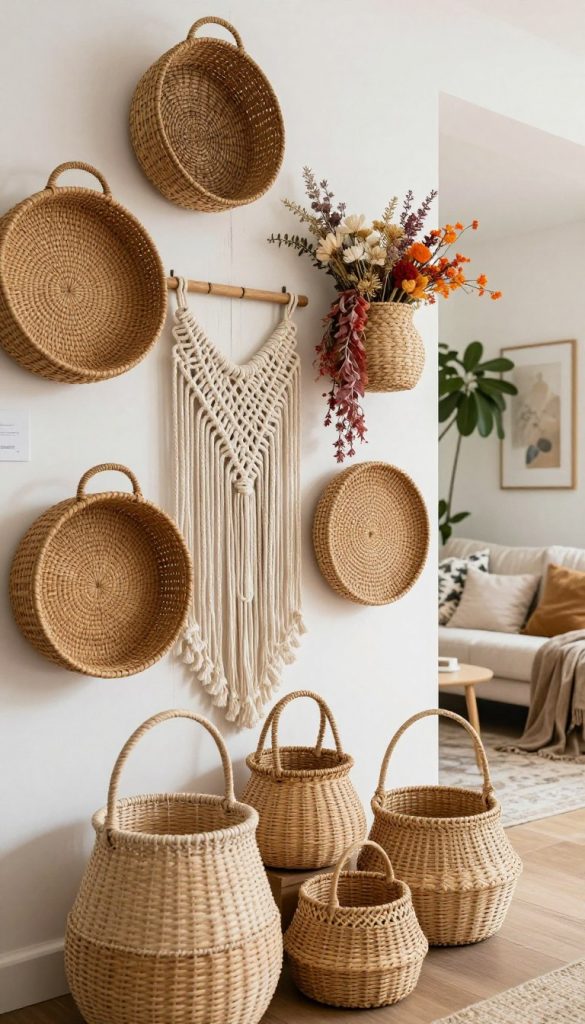 A sophisticated gallery wall styled with diverse wall baskets in ethno and boho aesthetics, featuring intricate natural textures and warm, earthy colors. In the foreground, a collection of handmade wicker and rattan baskets of various sizes, intricately woven and arranged in an artistic display. The middle showcases a rustic wooden wall painted in soft white, adorned with macrame elements, and vibrant dried flowers cascading through the baskets. In the background, a cozy living space filled with soft textiles, incorporating elements of greenery, creating an inviting atmosphere. The image is illuminated with soft, natural light, reminiscent of a Pinterest-perfect home decor scene. Capturing an authentic and inspiring vibe, reflecting the luxurious yet budget-friendly essence of "KlickKiste".