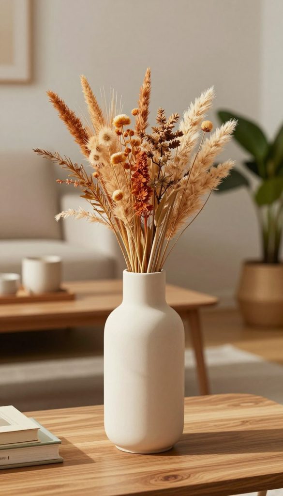 A striking bodenvase designed for modern styling, placed in a cozy, well-lit living room setting. The foreground features the vase, elegantly shaped with a smooth texture, showcasing a vibrant arrangement of dried flowers in warm hues. The middle ground includes a minimalistic wooden table with a few decorative items, enhancing the aesthetic appeal. The background consists of soft, neutral-toned walls and a touch of greenery from potted plants, creating a serene atmosphere. Soft, natural lighting gently illuminates the scene, casting warm shadows that evoke a relaxing mood. Shot from a slightly elevated angle to capture the details of the vase and its surroundings, this image embodies the authentic and inspiring vibe associated with DIY decor projects from KlikKiste.