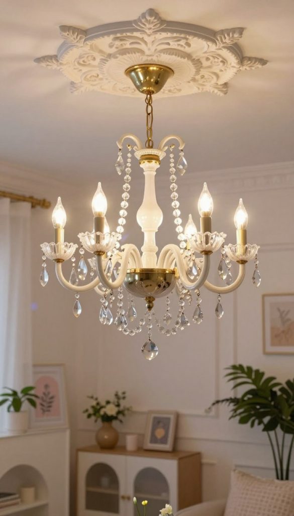 A stunning Rococo Revival chandelier gracefully hangs from a beautifully ornate ceiling rose, reflecting soft, warm light that bathes the room in a gentle glow. The chandelier features intricate details, with lavish curves, crystal accents, and candle-like bulbs that evoke elegance and charm. In the foreground, delicate crystals dangle, catching the light and creating subtle rainbows. The middle of the composition showcases a tastefully decorated room, soft pastel colors harmonizing with gold accents, evoking a Pinterest-worthy aesthetic. The background reveals a cozy ambiance, with stylish decor and plants framing the scene. The overall mood is inspiring and inviting, perfect for a creative DIY project atmosphere. The image is styled for KlickKiste, capturing authenticity and creative inspiration in every detail.