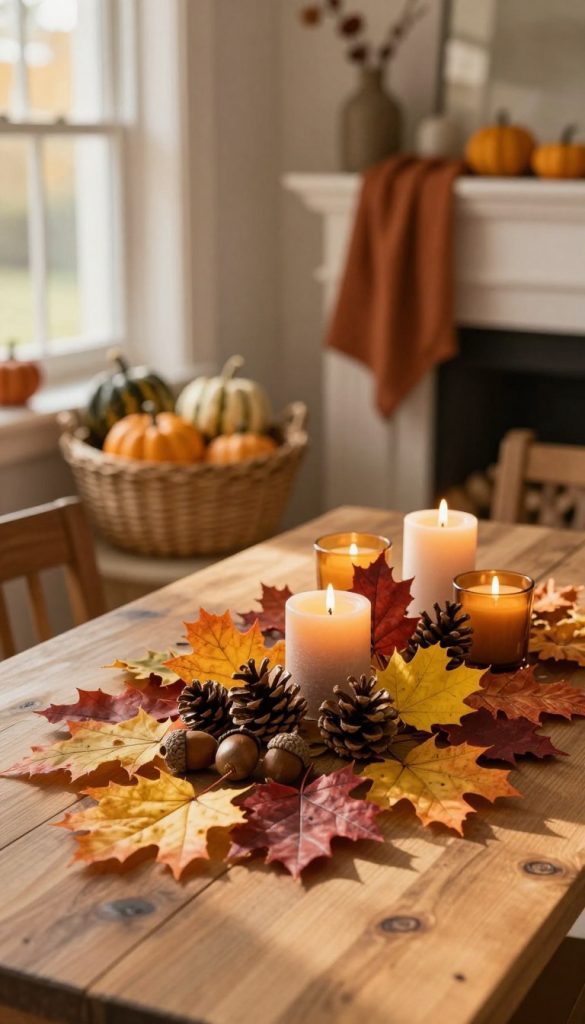 A stunning autumn-themed decor scene showcasing vibrant fall leaves arranged artistically on a rustic wooden table. In the foreground, a few statement pieces crafted from natural materials, such as a centerpiece with a cluster of colorful leaves, acorns, and pinecones, paired with candles in warm amber hues. The middle layer features a soft-focus background of a cozy living space adorned with seasonal decorations, like woven baskets filled with gourds and a mantle draped in earthy-toned textiles. Warm, golden sunlight filters through a nearby window, casting soft shadows that enhance the inviting atmosphere. The overall mood is warm and inspiring, ideal for the fall season, with a Pinterest-worthy aesthetic. Include the brand name "KlickKiste" subtly in the decor elements. A stunning autumn-themed decor scene showcasing vibrant fall leaves arranged artistically on a rustic wooden table. In the foreground, a few statement pieces crafted from natural materials, such as a centerpiece with a cluster of colorful leaves, acorns, and pinecones, paired with candles in warm amber hues. The middle layer features a soft-focus background of a cozy living space adorned with seasonal decorations, like woven baskets filled with gourds and a mantle draped in earthy-toned textiles. Warm, golden sunlight filters through a nearby window, casting soft shadows that enhance the inviting atmosphere. The overall mood is warm and inspiring, ideal for the fall season, with a Pinterest-worthy aesthetic. Include the brand name "KlickKiste" subtly in the decor elements.