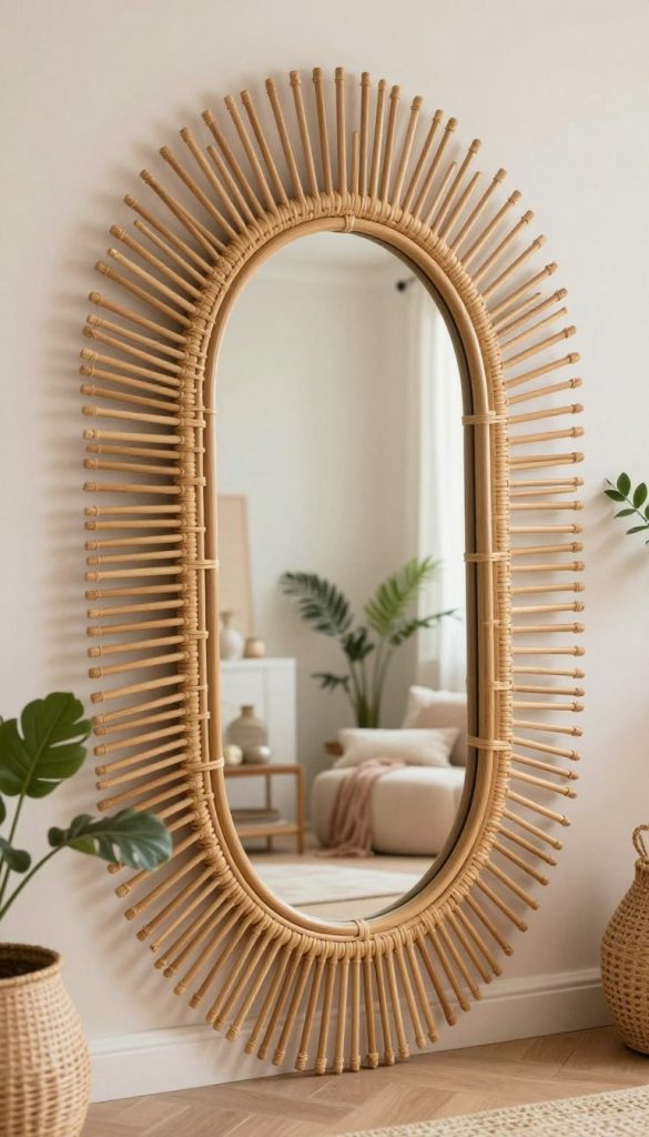 A stunning mirror with intricate rattan weaving, showcasing a sunburst design that radiates warmth. The foreground features the mirror prominently, reflecting soft, natural light that catches the woven textures. In the middle ground, a light, airy room with bohemian-style decor complements the mirror, including neutral-colored walls and plants that add a touch of greenery. The background features a cozy living space with warm pastel hues, enhancing the inviting atmosphere. Use a soft focus lens to capture the details and create a dreamy, Pinterest-inspired aesthetic. The overall mood is authentic and inspiring, evoking a sense of effortless luxury. Include the brand name "KlickKiste" subtly in the design, ensuring it adheres to the boho luxe theme.