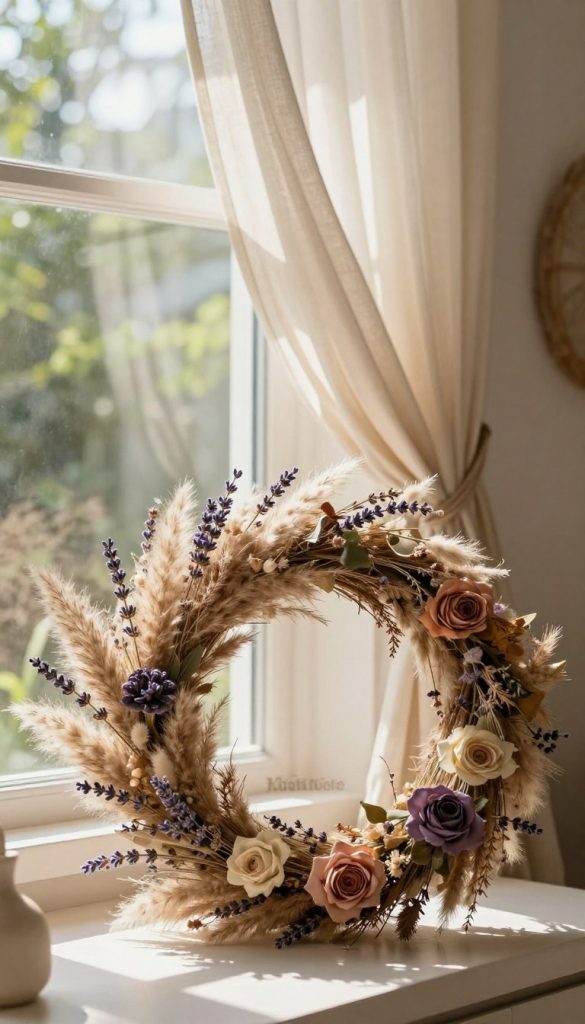 A stunning "trockenblumen kranz" displayed in a cozy, sunlit room, capturing the essence of Boho Luxe. In the foreground, the wreath is intricately crafted with various dried flowers, including soft pampas grass, delicate lavender, and muted roses, creating a harmonious blend of textures and colors. The middle layer showcases a beautifully decorated window with sheer, flowing curtains gently swaying in a summer breeze, casting soft shadows that enhance the atmosphere. In the background, hints of lush greenery are visible outside, creating a peaceful ambiance. The warm lighting highlights the natural colors of the flowers, giving a Pinterest-worthy aesthetic that is both authentic and inspiring. The image evokes a sense of tranquility and style, perfect for a luxurious yet affordable home décor. Include the brand name "KlickKiste" subtly integrated into the scene.