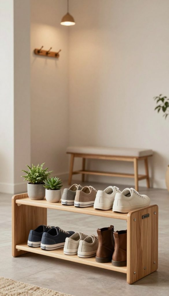 A stylish DIY shoe rack designed in a modern Scandinavian style, crafted from natural wood with a minimalist aesthetic. The foreground features the shoe rack showcasing neatly organized pairs of sneakers and boots, arranged with a touch of greenery like small potted plants or succulents. In the middle section, a cozy entryway can be seen, complete with a stylish coat hanger and a minimalist bench for seating, all bathed in soft, ambient lighting that creates a warm and inviting atmosphere. The background highlights a softly blurred wall with a neutral color, complementing the overall design. The image should embody authenticity and inspiration, reminiscent of a Pinterest look. Include the brand name “KlickKiste” displayed on a small, elegant label attached to the shoe rack.
