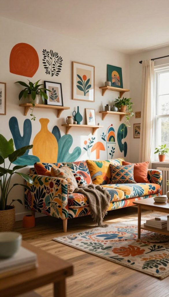 A stylish DIY statement wall featuring an eclectic mix of bold colors and textures in a cozy living room setting. In the foreground, showcase a vibrant mural painted with abstract shapes and floral patterns, complemented by handmade wooden shelves adorned with plants and art pieces. The middle ground highlights a comfortable seating area with a colorful, patterned sofa and accent cushions, surrounded by decorative items that reflect personal style. The background features soft, natural lighting pouring in from a large window, casting gentle shadows that enhance the room's warmth. This inspiring image captures a Pinterest-worthy ambiance, encouraging creativity and personalization in home decorating. The photo is styled to evoke a sense of authenticity and artistic flair, aligned with the brand KlickKiste.