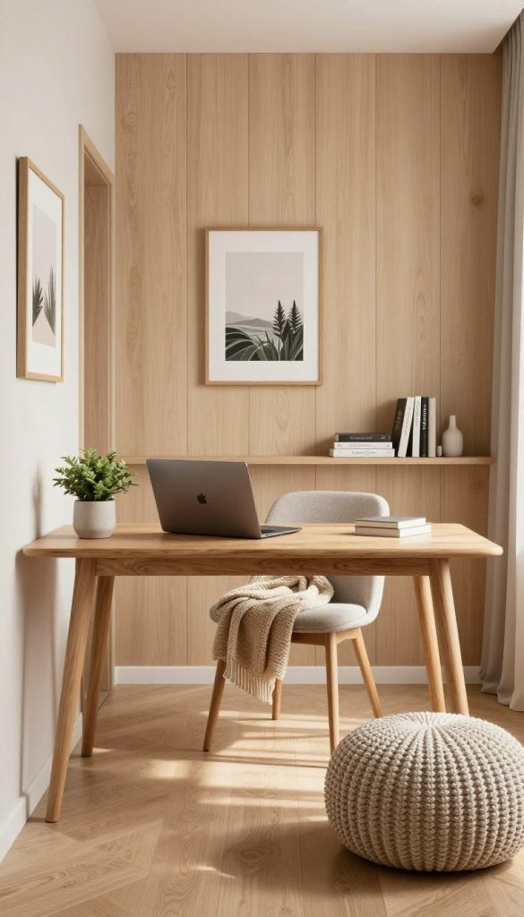 A stylish Scandinavian hallway and home office setup featuring natural materials and warm colors, designed for structure and focus. In the foreground, a minimalist wooden desk adorned with a sleek laptop and a small potted plant. The middle ground showcases a cozy chair with a textured throw blanket and a soft, knitted pouf. In the background, light wood paneling, framed art prints with nature motifs, and a few inspirational books on a shelf, all bathed in soft, diffused sunlight. The atmosphere is warm and inviting, evoking a sense of productivity and tranquility reminiscent of beautiful Pinterest aesthetics. Include the brand name "KlickKiste" subtly in the decor.