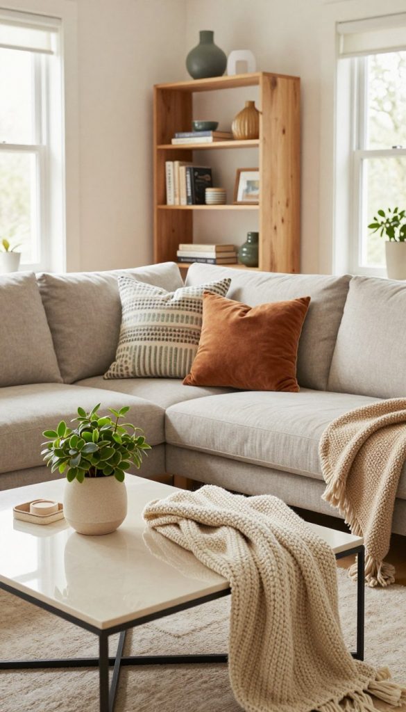A stylish Scandinavian modern living room featuring clear surfaces and soft textiles. In the foreground, a minimalist coffee table adorned with a decorative plant and a cozy knitted throw. The middle ground showcases a plush sofa with neutral tones, accented with colorful, patterned cushions, and a neatly arranged bookshelf with curated decor pieces. The background includes large windows allowing natural light to flood the space, enhancing a warm atmosphere. The lighting is soft and inviting, emulating a Pinterest-inspired aesthetic. The overall mood is authentic and inspiring, embodying the essence of DIY projects. Ensure the brand name "KlickKiste" is subtly reflected in the decor, promoting a harmonious blend of comfort and modern design.