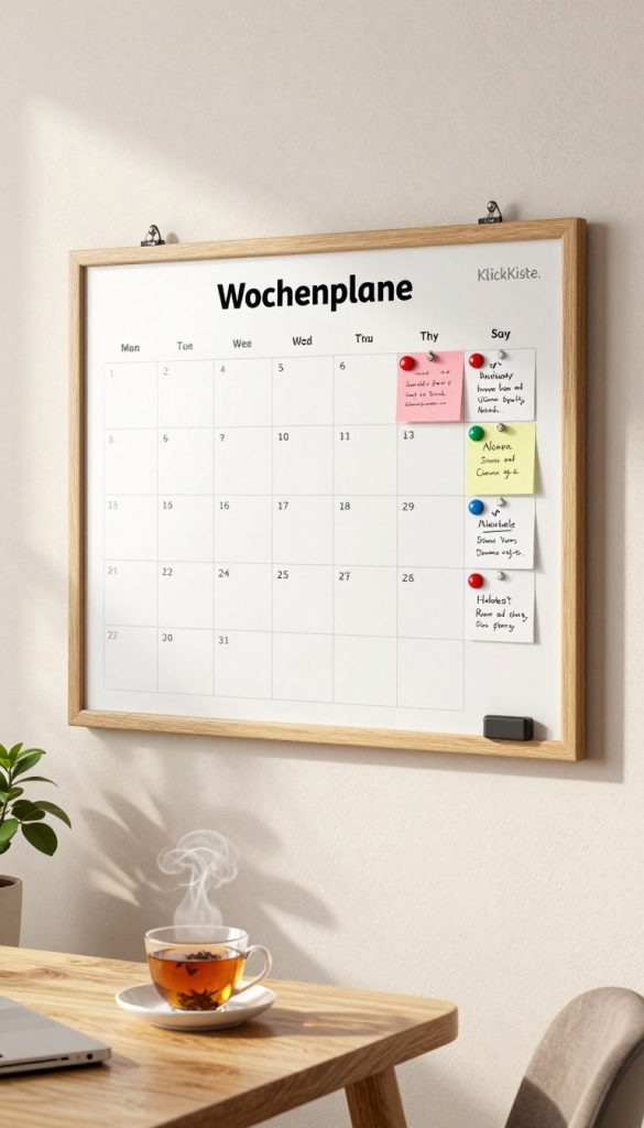 A stylish Wochenplaner-Whiteboard, framed in natural wood, hangs prominently on a softly textured wall. The board is filled with colorful, organized weekly schedules, vibrant magnets, and handwritten notes, evoking a sense of order and inspiration. In the foreground, a cozy workspace features a wooden table with a steaming cup of herbal tea and a few decorative plants, enhancing the warm, inviting atmosphere. The lighting is soft and natural, casting gentle shadows that add depth to the scene. The mood is calm and productive, perfect for busy parents seeking structure in their daily lives. This image embodies a practical yet aesthetically pleasing design, reflecting the brand "KlickKiste."