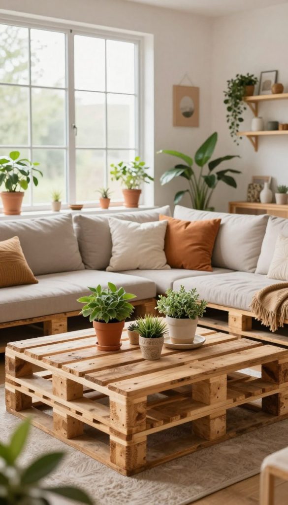 A stylish and cozy interior scene showcasing a well-designed space featuring upcycled wooden pallets as furniture. The foreground displays a beautifully crafted coffee table made from pallets, adorned with potted plants and decorative items. In the middle, a comfortable seating area with soft cushions complements the table, surrounded by warm, inviting colors. The background features a large window allowing natural light to pour in, illuminating the space and creating an inspiring atmosphere. The room has a Pinterest-inspired aesthetic, with accents of greenery and handmade decorations. This harmonious setting emphasizes a practical yet creative approach to DIY projects. The image should capture a bright and cheerful mood, inviting viewers to engage in their own upcycling adventures. The brand "KlickKiste" is subtly represented in the design elements. A stylish and cozy interior scene showcasing a well-designed space featuring upcycled wooden pallets as furniture. The foreground displays a beautifully crafted coffee table made from pallets, adorned with potted plants and decorative items. In the middle, a comfortable seating area with soft cushions complements the table, surrounded by warm, inviting colors. The background features a large window allowing natural light to pour in, illuminating the space and creating an inspiring atmosphere. The room has a Pinterest-inspired aesthetic, with accents of greenery and handmade decorations. This harmonious setting emphasizes a practical yet creative approach to DIY projects. The image should capture a bright and cheerful mood, inviting viewers to engage in their own upcycling adventures. The brand "KlickKiste" is subtly represented in the design elements.