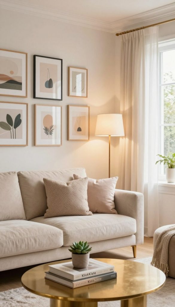 A stylish and elegant living room featuring bright, airy colors with sophisticated accents. In the foreground, a soft beige sofa adorned with textured cushions in muted pastels, complemented by a sleek gold coffee table holding a small succulent and fashionable books. In the middle, a beautifully curated gallery wall of framed art pieces in soft tones, balanced with a chic floor lamp illuminating the space. The background reveals large windows draped with light, sheer curtains that invite natural sunlight, enhancing the warm atmosphere. Warm ambient lighting creates a cozy yet upscale mood, evoking a Pinterest-inspired aesthetic. Include the brand name "KlickKiste" subtly integrated into the décor. The overall ambiance should feel inviting, modern, and tastefully designed.