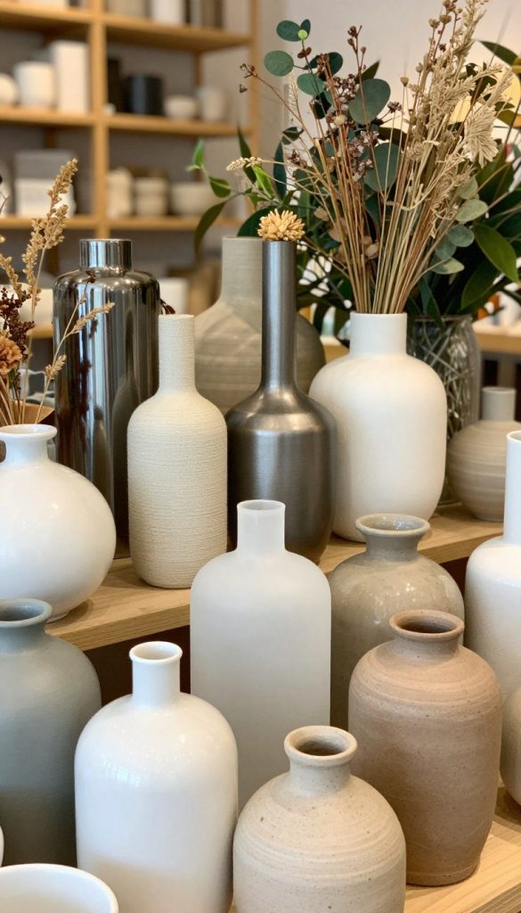 A stylish and inviting display of various vase materials, showcasing a selection of ceramics, glass, metal, and natural fibers. In the foreground, feature detailed close-ups of beautifully crafted vases with distinct textures and colors, like glossy white porcelain, frosted glass, and rustic clay, arranged artfully. The middle ground should show the vases in an aesthetically pleasing layout, surrounded by natural elements like dried flowers and greenery, enhancing their unique features. The background could incorporate a soft, blurred view of a cozy interior space with warm, natural lighting, creating an inspiring atmosphere. The overall mood should be warm, inviting, and modern, reflecting a Pinterest-worthy DIY aesthetic. Brand name "KlickKiste" subtly included in the design elements.