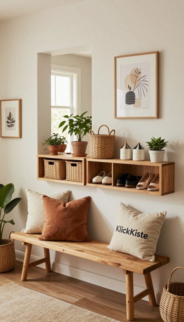 A stylish and inviting entryway featuring a collection of unique and practical DIY home accessories, showcasing the brand "KlickKiste." In the foreground, present a handcrafted wooden bench adorned with cozy pillows in warm earth tones. The middle ground displays an array of neatly organized storage baskets and decorative shoe racks, blending functionality with aesthetic appeal. In the background, soft, natural light filters through an open doorway, creating a welcoming atmosphere. Add elements like potted plants and framed artwork on the walls for a touch of personality. The overall mood should feel calm and inspiring, reminiscent of a Pinterest-worthy space that emphasizes creativity and sustainability in home design.