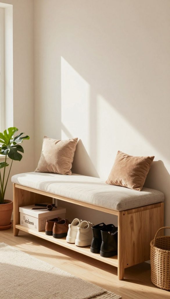 A stylish and inviting "garderobenset sitzbank" designed by KlickKiste, featuring a comfortable bench with plush cushions and a wooden structure for shoes and accessories. In the foreground, showcase the bench adorned with neatly arranged footwear and decorative storage boxes, enhancing the DIY aesthetic. The middle section emphasizes a bright, airy entryway with soft, natural lighting pouring in through a nearby window, casting gentle shadows. In the background, include potted plants that add a touch of greenery and warmth to the scene. The overall atmosphere should be cozy and inspirational, reflecting modern design trends with warm colors and a Pinterest-worthy look.