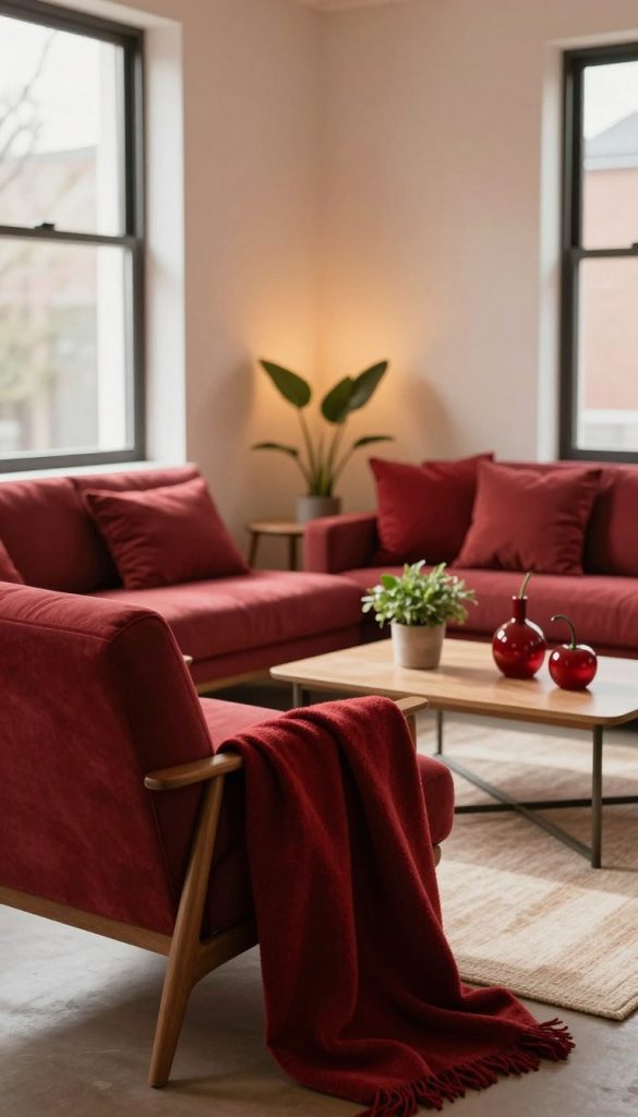 A stylish and inviting interior setting featuring cherry red accents as focal points. In the foreground, a cozy nook with a plush cherry red throw blanket draped over a mid-century modern armchair. The middle ground showcases a sleek coffee table adorned with a small potted plant and a few carefully arranged cherry red decorative items, like vases or cushions. In the background, softly lit walls painted in warm tones complement the cherry red accents, enhancing the balance and harmony of the space. Natural lighting filters in through large windows, casting gentle shadows and enriching the warm color palette. The atmosphere feels warm, inviting, and inspiring, perfect for a DIY home aesthetic. Capture a Pinterest-worthy vibe that reflects the authenticity and creativity of “KlickKiste.” A stylish and inviting interior setting featuring cherry red accents as focal points. In the foreground, a cozy nook with a plush cherry red throw blanket draped over a mid-century modern armchair. The middle ground showcases a sleek coffee table adorned with a small potted plant and a few carefully arranged cherry red decorative items, like vases or cushions. In the background, softly lit walls painted in warm tones complement the cherry red accents, enhancing the balance and harmony of the space. Natural lighting filters in through large windows, casting gentle shadows and enriching the warm color palette. The atmosphere feels warm, inviting, and inspiring, perfect for a DIY home aesthetic. Capture a Pinterest-worthy vibe that reflects the authenticity and creativity of “KlickKiste.”